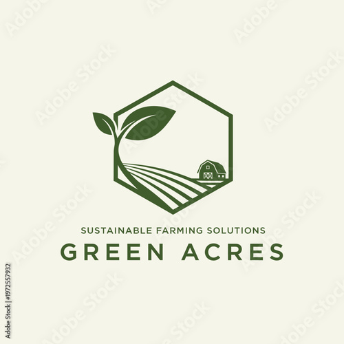 Green Acres Sustainable Farming Solutions Logo with Plant, Fields, and Barn in Hexagon, isolated white background.
