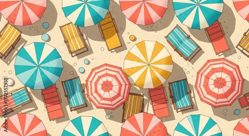 Colorful Beach Umbrellas and Lounge Chairs Pattern from Above