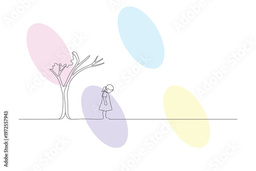 Continuous line drawing of a young child standing near a bare tree with colorful abstract shapes, representing innocence and a peaceful day.