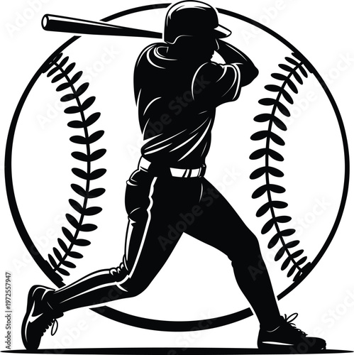 Baseball player silhouette swinging a bat in front of a baseball icon