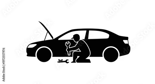 Man repairing a car with a wrench.