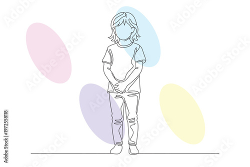 Continuous line drawing of a young child standing with hands clasped, surrounded by soft pastel shapes, representing innocence and a bright, hopeful day.