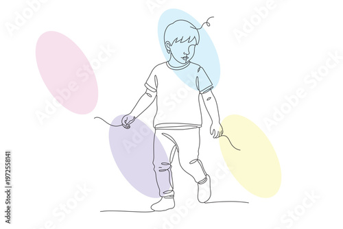 Continuous line drawing of a young child walking, abstract pastel shapes, hand-drawn illustration evoking love and carefree days.