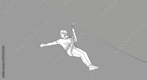 Vector illustration of person riding a zipline, line art illustration