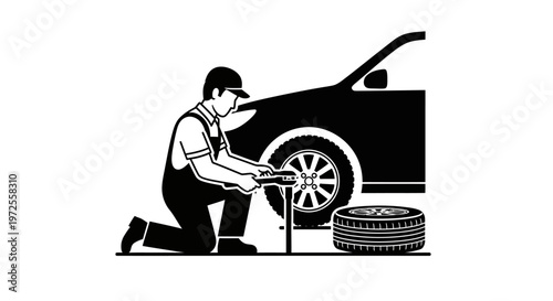 Mechanic changing a car tire.
