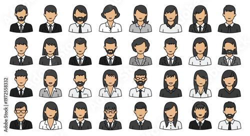 Vector illustration of set of diverse business people avatars and professional office characters