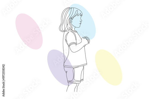 Continuous line drawing of a young child with hands clasped, surrounded by pastel shapes, evoking feelings of love and innocence on a bright day.