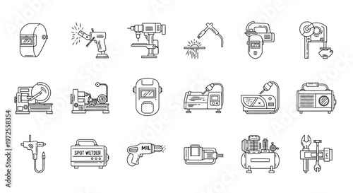 Vector illustration of set of welding and metalworking equipment line icons