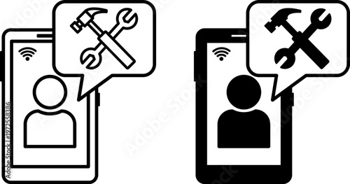 Assistance Icons. Line and Glyph Vector Icons. Mobile Phone, Hammer, and Wrench. Service, Help. Repair Concept