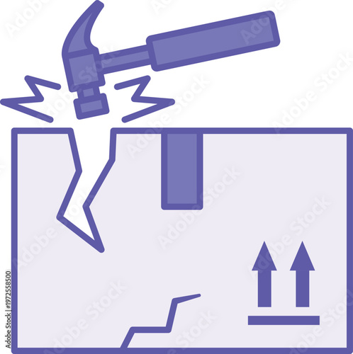 Colored Damage Icon. Vector Icon. Hammer Hitting a Box. Packaging Damage, Logistics. Repair Concept