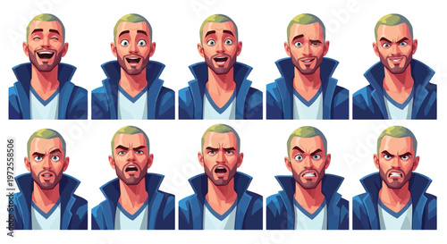 Vector illustration of set of male facial expressions, cartoon character head portraits