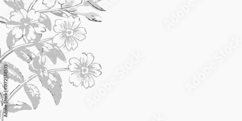 Delicate floral arrangement in grayscale featuring blossoming flowers and leaves