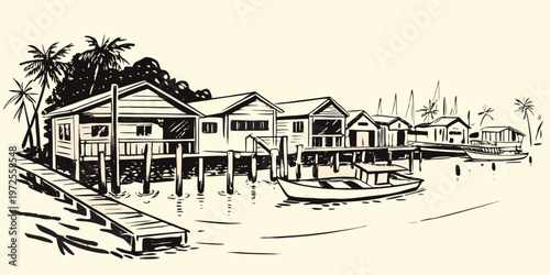 Sketch of waterfront houses on stilts and a small fishing boat