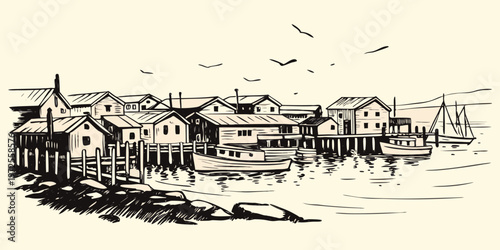 A detailed sketch of a quaint coastal village with boats and buildings