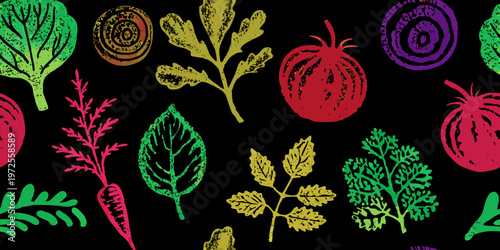 Colorful chalk style illustration of various fruits and vegetables in a pattern
