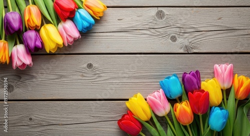 Vibrant tulip bouquet on weathered wood a colorful springtime still life