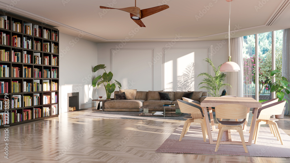 Obraz premium 3D render, illustration Luxury modern living room interior, realistic lighting, wide angle, contemporary furniture, clean lines, minimalist decor, elegant home design, large window