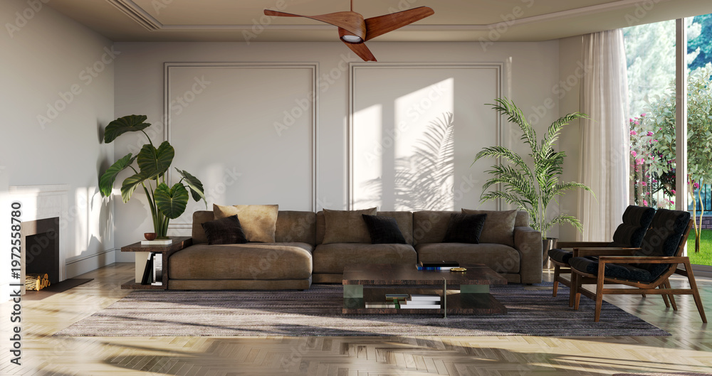 Obraz premium 3D render, illustration Luxury modern living room interior, realistic lighting, wide angle, contemporary furniture, clean lines, minimalist decor, elegant home design, large window