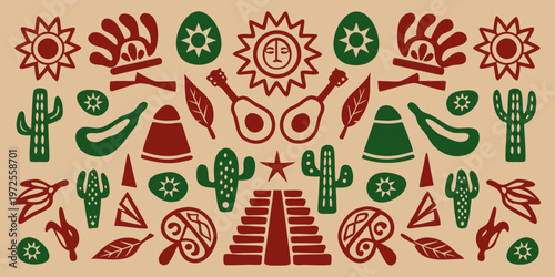 Mexican inspired patterns featuring cacti suns and traditional symbols