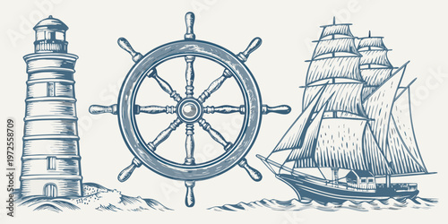 Vintage nautical illustration featuring a lighthouse ship s wheel and sailing ship