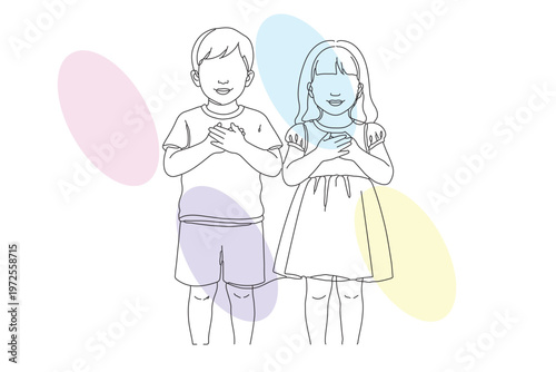 Continuous line drawing of two adorable children with hands on their chests, expressing love and affection, perfect for kid's day illustrations.