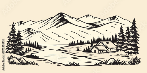 A cozy cabin nestled in a mountainous landscape with evergreen trees