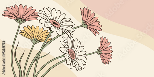 Obraz na plátně Stylized floral illustration featuring pink white and yellow daisies