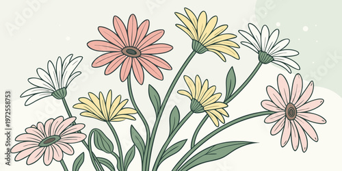 A colorful illustration of several daisy like flowers with green stems