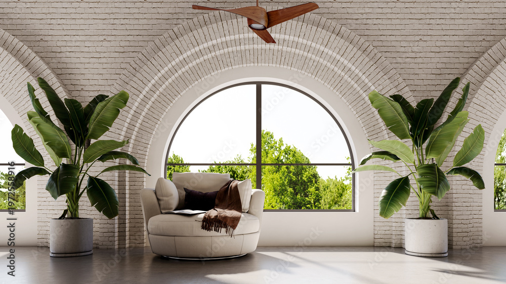 Obraz premium 3D render, illustration Luxury modern living room interior, realistic lighting, wide angle, contemporary furniture, clean lines, minimalist decor, elegant home design, large window