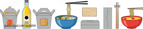 Asian Ramen Noodle and Takeaway Food Vector Set Featuring Instant Noodle Bowls, Chopsticks, Delivery Boxes, and Broth Bottles for Restaurant and Oriental Cuisine Designs