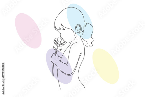 Delicate Continuous Line Drawing of a Child Gently Smelling a Flower, Expressing Love and Innocence on a Bright, Colorful Day