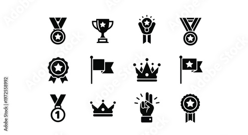 Vector illustration of set of award and achievement icons including medals, trophies and crowns