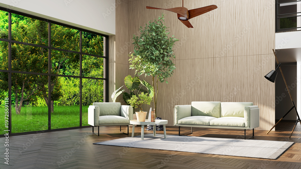 Obraz premium 3D render, illustration Luxury modern living room interior, realistic lighting, wide angle, contemporary furniture, clean lines, minimalist decor, elegant home design, large window