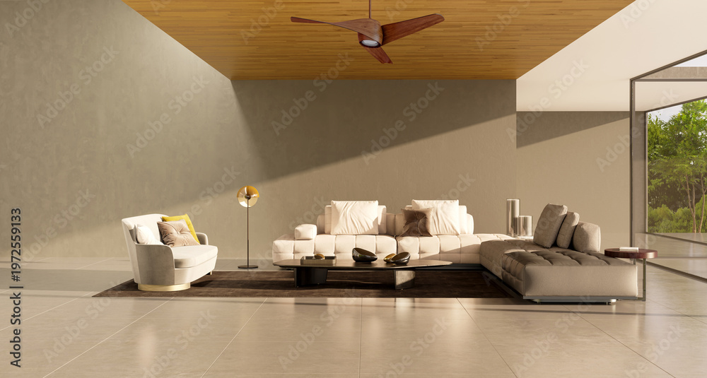 Obraz premium 3D render, illustration Luxury modern living room interior, realistic lighting, wide angle, contemporary furniture, clean lines, minimalist decor, elegant home design, large window