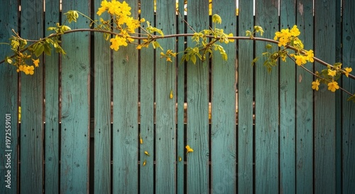 Golden flowers against a weathered teal wooden fence background