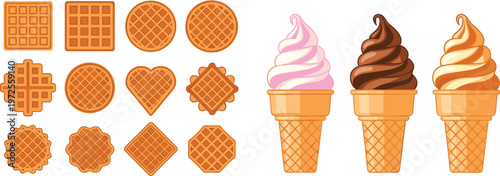 Assorted Soft Serve Ice Cream Cones and Decorative Waffle Cookies Vector Set Featuring Strawberry Chocolate and Vanilla Swirls for Sweet Dessert Menu Designs
