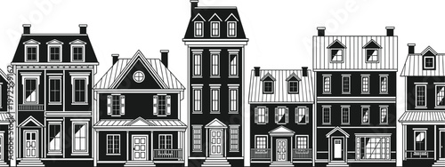 Vintage Victorian house silhouette vector illustration, suburban street row with historical residential buildings, traditional home exterior facade isolated on white background, black