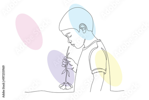 Gentle Continuous Line Drawing of a Child Smelling a Flower, Pastel Background, Minimalist Illustration for Kids and Loving Moments