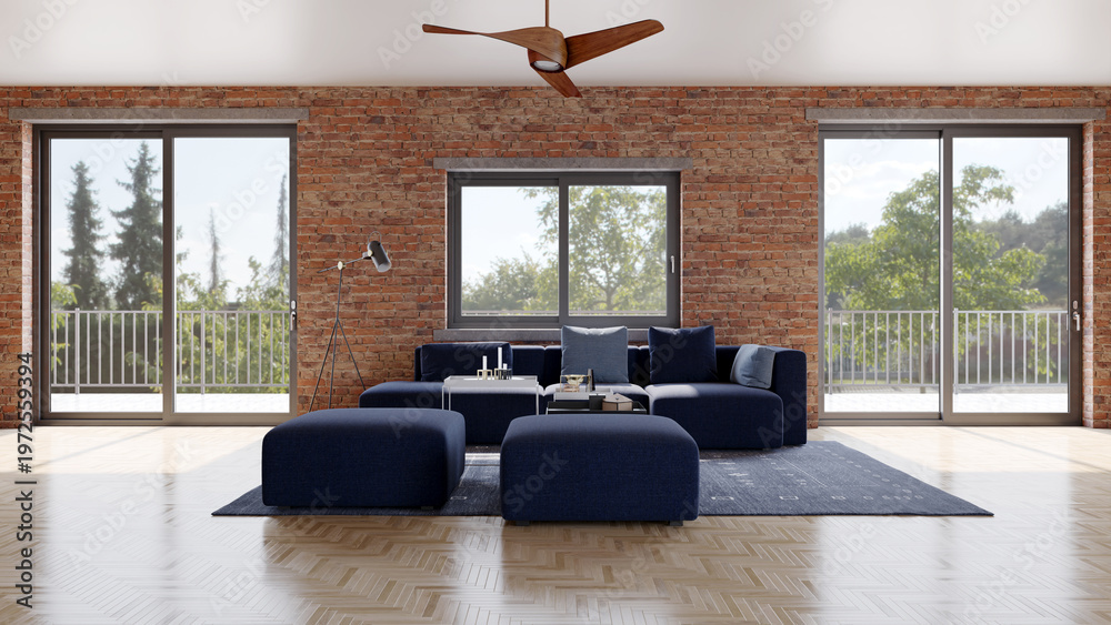 Obraz premium 3D render, illustration Luxury modern living room interior, realistic lighting, wide angle, contemporary furniture, clean lines, minimalist decor, elegant home design, large window