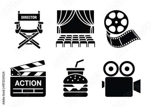 Production and Cinema Director's Chair, Theater, Reel, Clapperboard, Burger, Camera