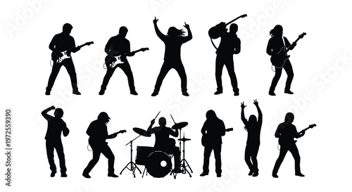 Vector illustration of rock band musicians silhouettes playing instruments on stage