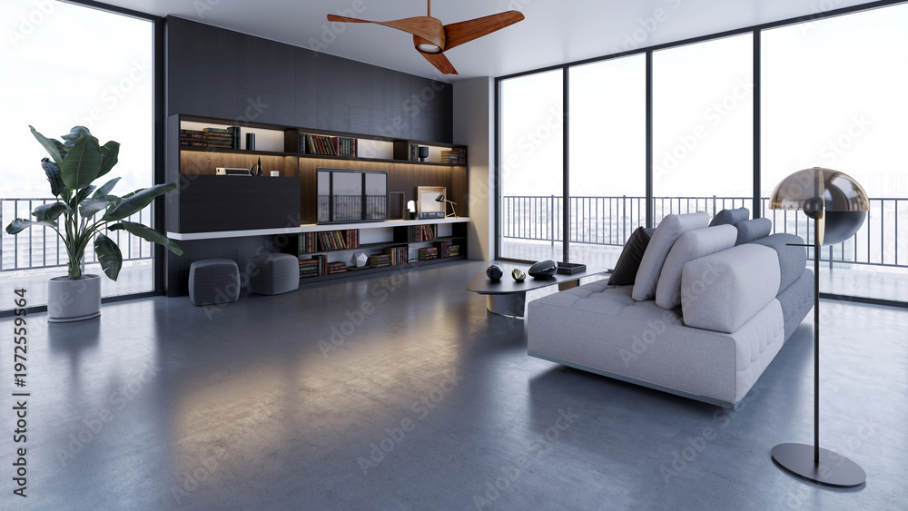 Naklejka premium 3D render, illustration Luxury modern living room interior, realistic lighting, wide angle, contemporary furniture, clean lines, minimalist decor, elegant home design, large window