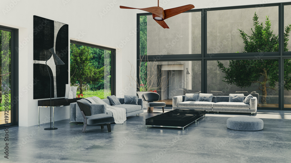 Obraz premium 3D render, illustration Luxury modern living room interior, realistic lighting, wide angle, contemporary furniture, clean lines, minimalist decor, elegant home design, large window