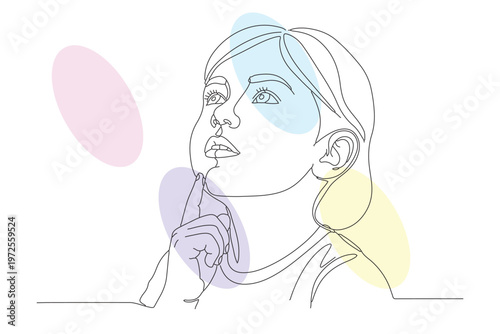 Thoughtful young woman portrait in continuous line drawing style with pastel color accents, representing contemplation and inner peace.