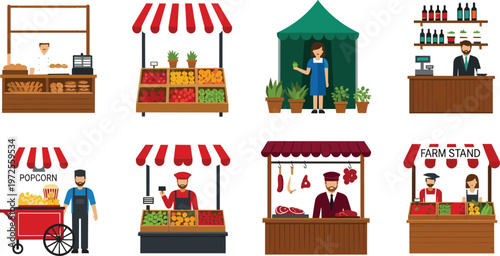 Comprehensive Farmers Market Stall Vector Illustration Set Featuring Bakery, Fresh Produce, Meat Shop, Flower Stand, Popcorn Cart, and Local Grocery Vendors for Retail Designs