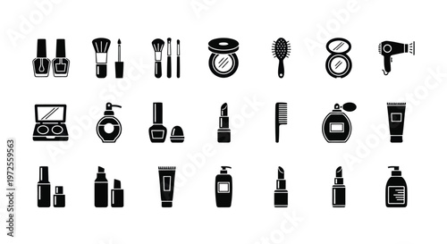 Vector illustration of set of cosmetic and beauty product icons in black and white style
