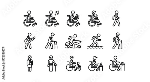 Vector illustration of set of icons representing people with disabilities and active lifestyle
