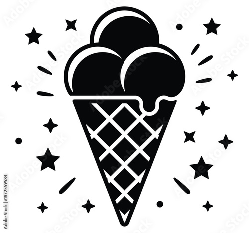 ice cream cone with three scoops in black silhouette, sparkling stars around, illustrating dessert ranking, sweet treats hierarchy, and food illustration concept.