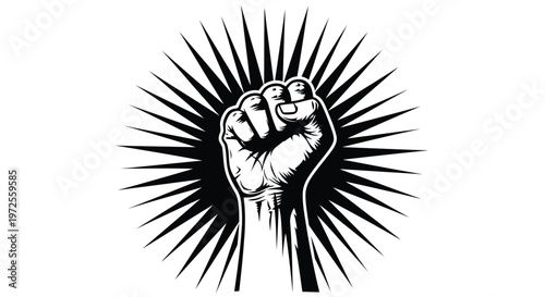 Vector illustration of raised fist symbol of power and resistance with sunburst rays