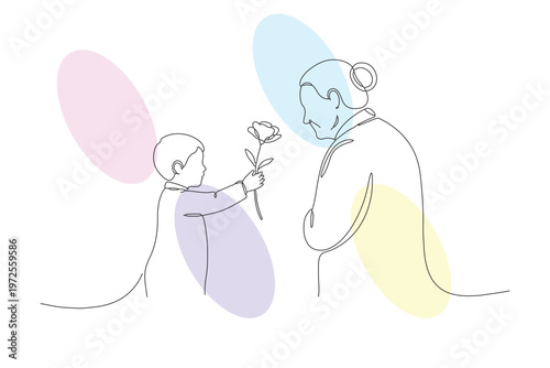 Touching continuous line drawing of a young child gifting a flower to their grandmother, expressing love and generational connection on a bright day.